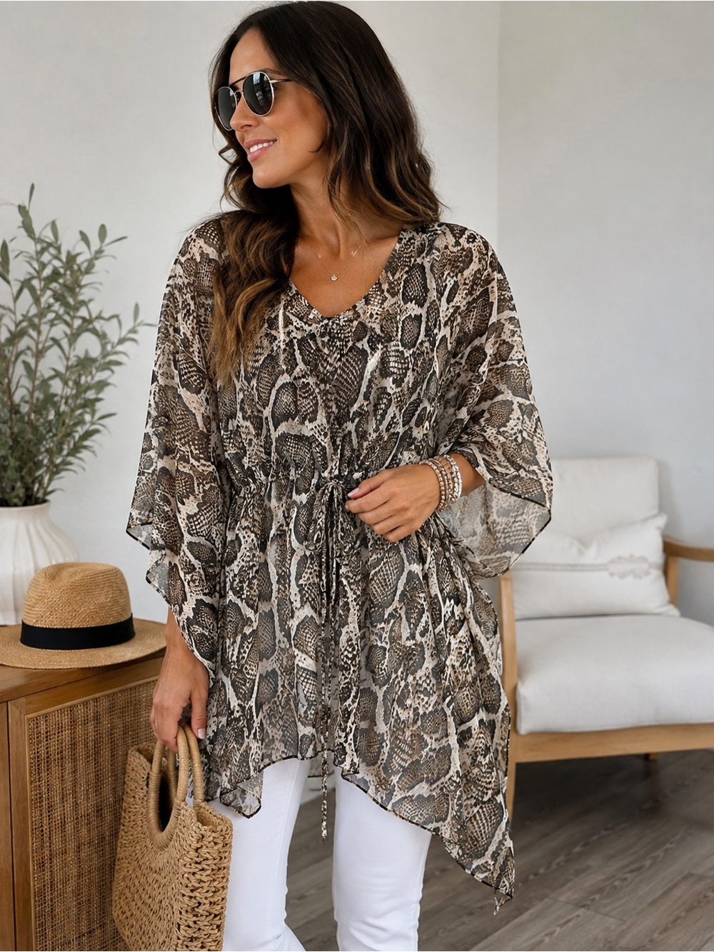 Women’s Snake Print Sheer Kaftan Tunic One Size Animal Print Cover Up